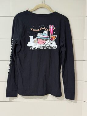 NEW Vineyard Vines Black Long Sleeve Pocket Tee with Ski Logo Size S